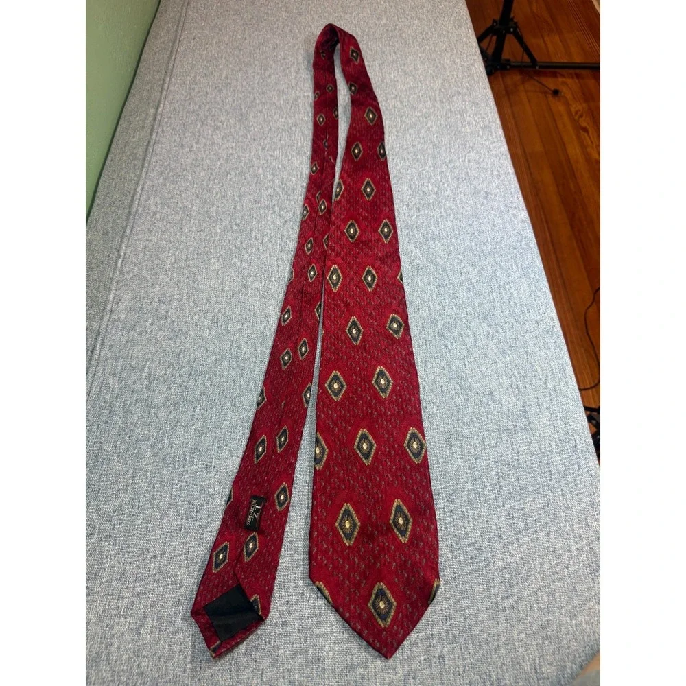 J.Z. Richards Red with Gold Geometric Pattern 100% Silk Tie